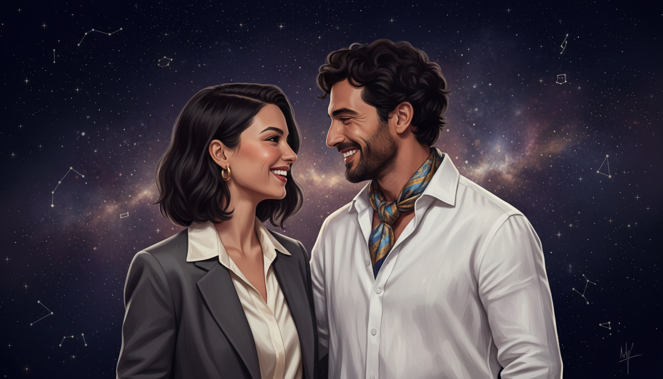 Compatibility in Daily Life 
  Daily life between Scorpio Woman and Pisces Man d — cosmic astrology digital illustration