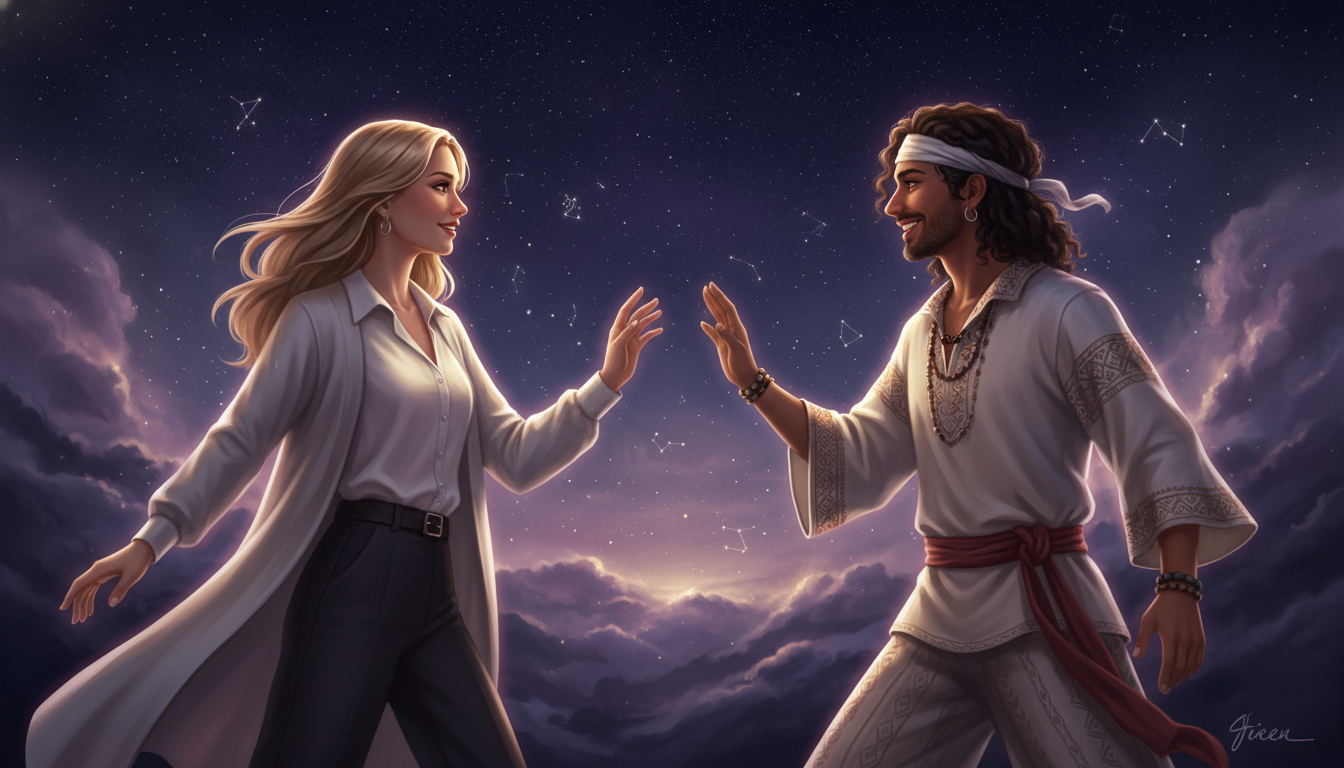 Aquarius Man Compatibility 
  Aquarius Man and Aries 
  Strong mental chemistry  — cosmic astrology digital illustration