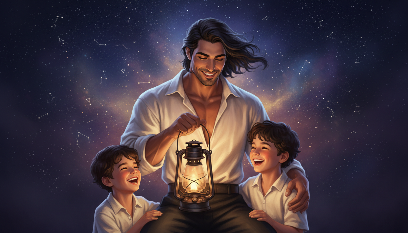 Gemini Man as a Father 
  He brings humor into parenting. Education and discussi — cosmic astrology digital illustration